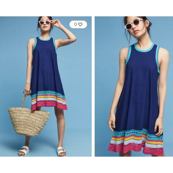 Akemi Kin Crochet Trim Swing Dress Womens S Navy Multicolor Boho Summer Coastal - Picture 1 of 14
